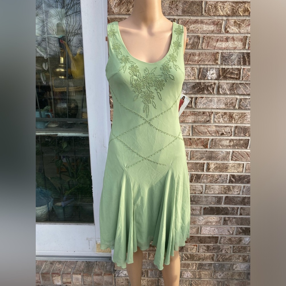 Vintage 90s/Y2K Green Beaded Fairycore Asymmetrical Dress NWTs Size Small - Picture 13 of 16